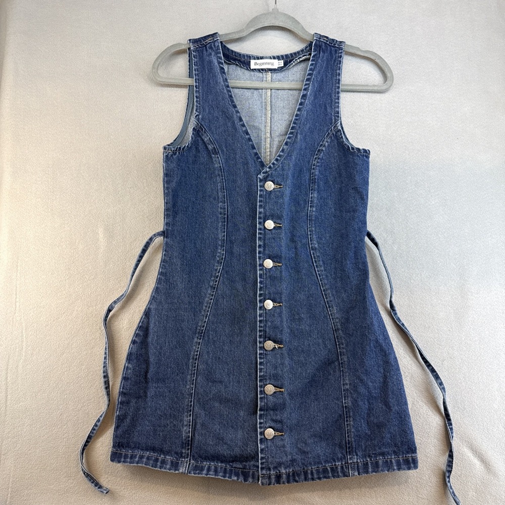 Beginning Boutique Jean Mini Dress Size 2, Button Up Front, Tie on back